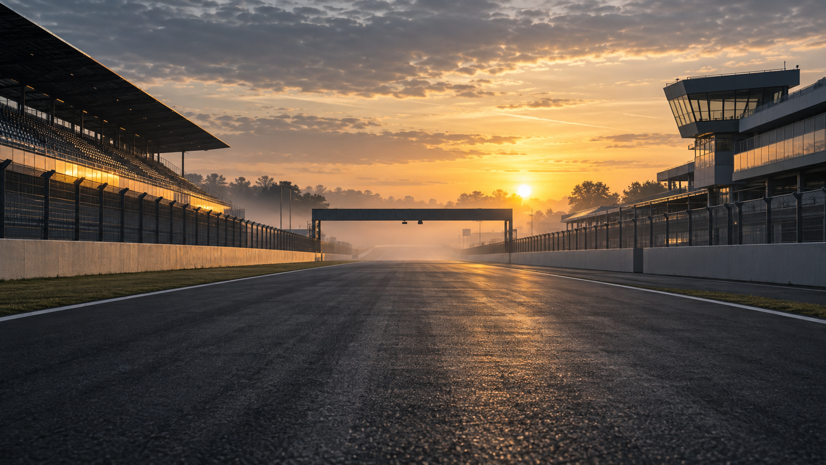 La ligne droite du circuit au petit matin